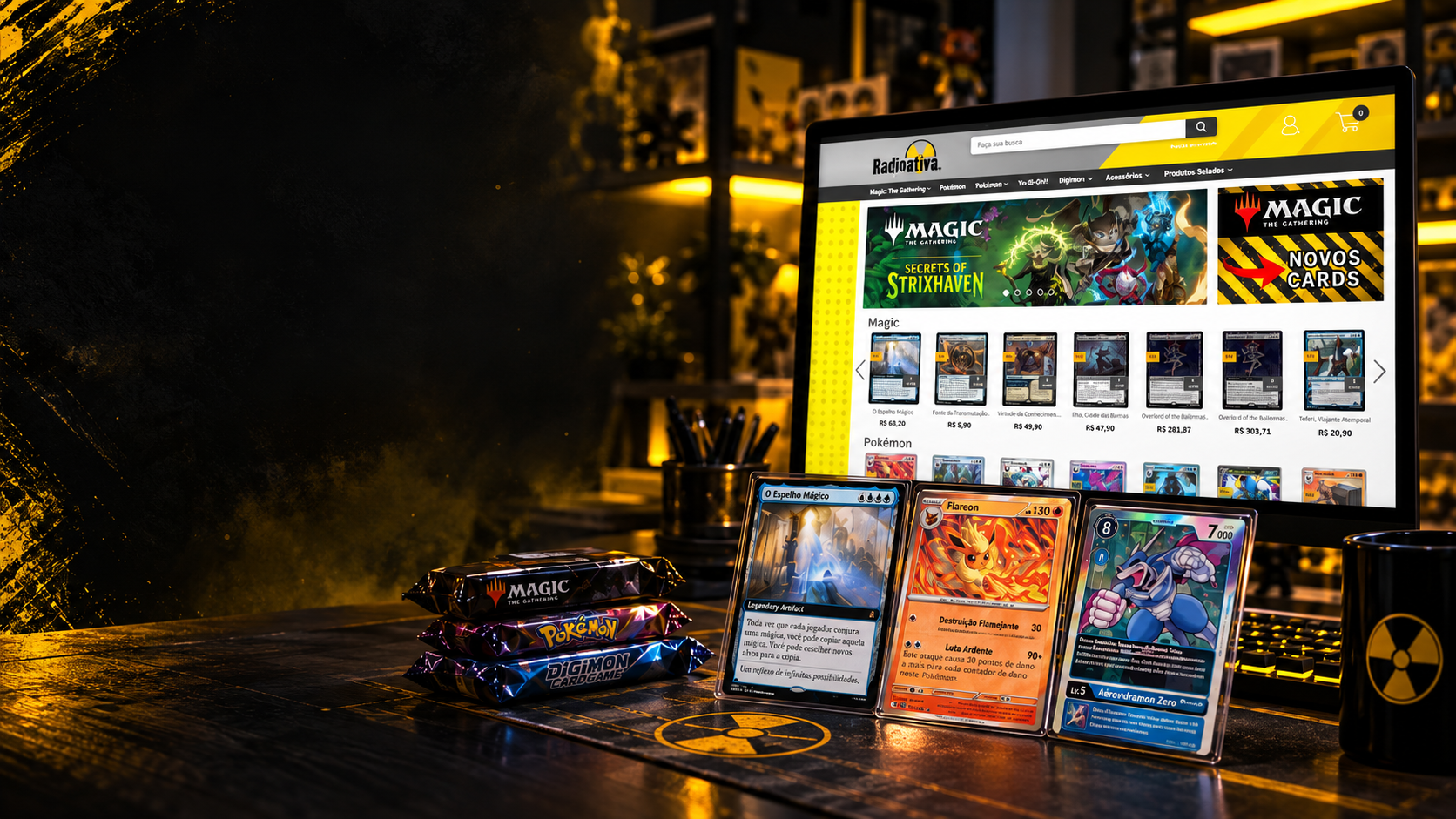 Vitrine da Radioativa com monitor da loja online, cartas de Magic, Pokémon e Digimon, boosters, teclado e caneca em um ambiente geek preto e amarelo
